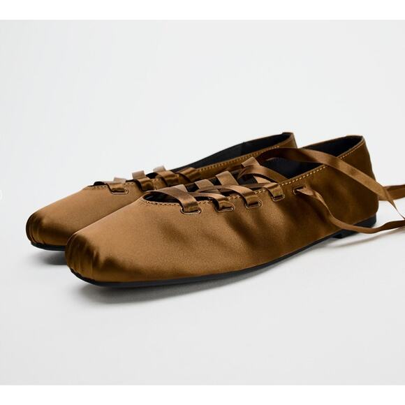 ZARA Lace Up Ballet Flats NWT Ochre Brown Satin Effect Size 7.5 - Picture 14 of 16
